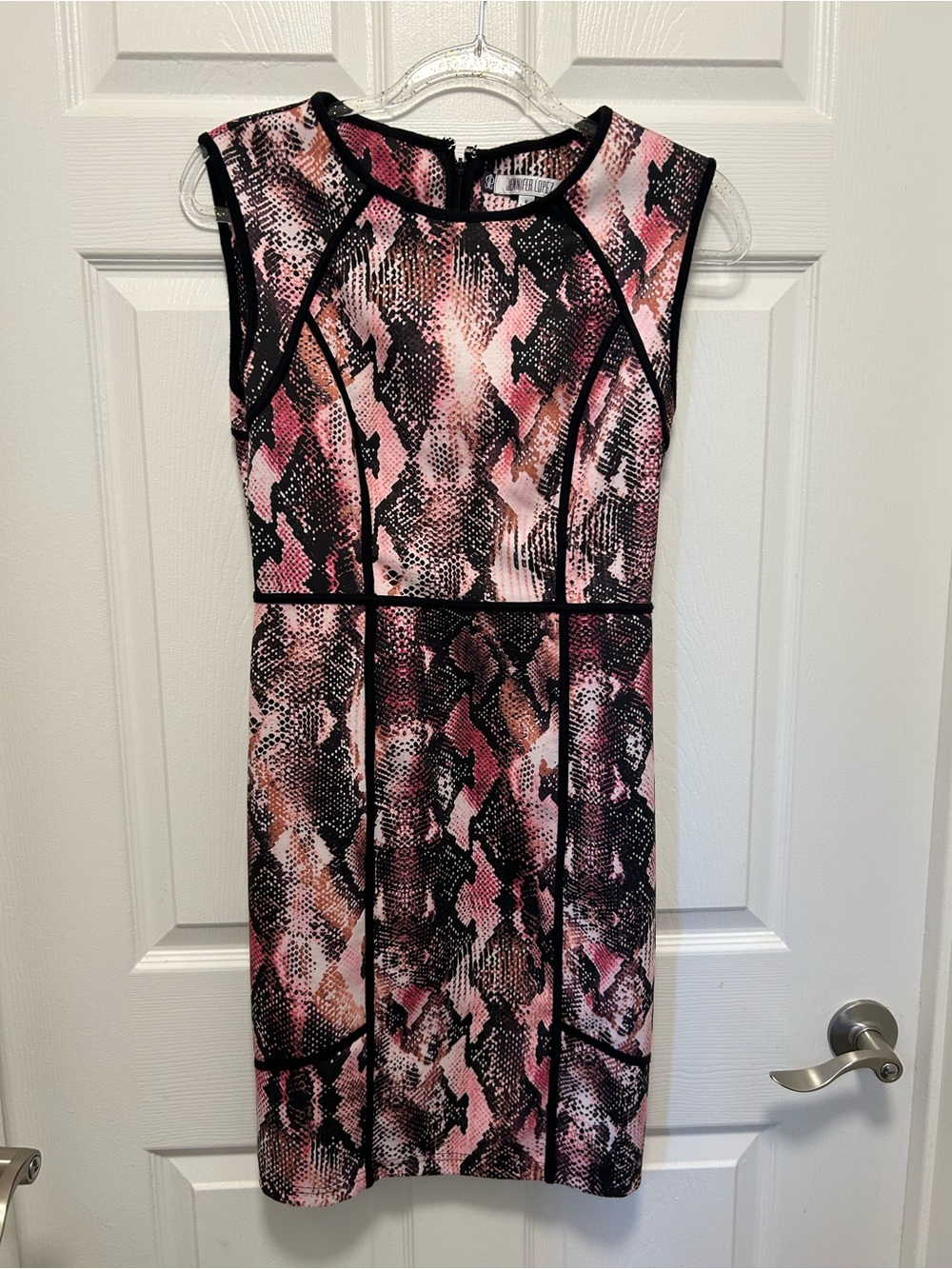 Jennifer Lopez Pink and Black Snake-Print Sheath Dress